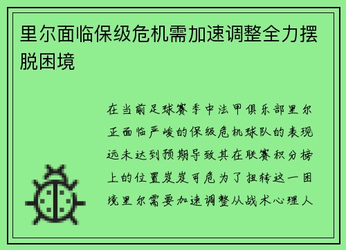 里尔面临保级危机需加速调整全力摆脱困境