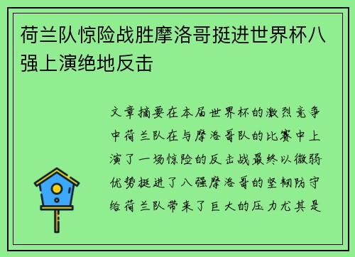荷兰队惊险战胜摩洛哥挺进世界杯八强上演绝地反击