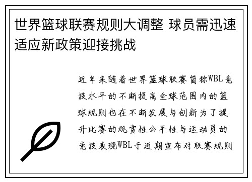 世界篮球联赛规则大调整 球员需迅速适应新政策迎接挑战
