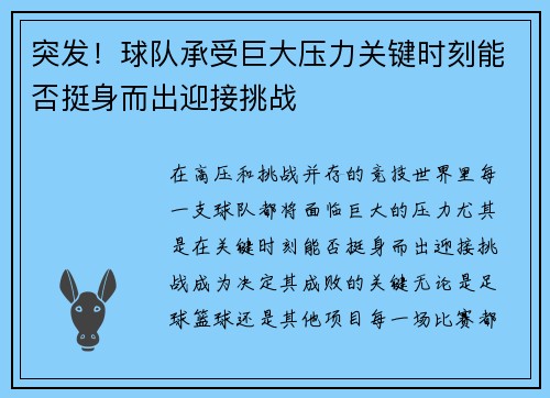 突发！球队承受巨大压力关键时刻能否挺身而出迎接挑战