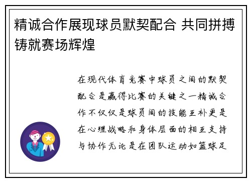 精诚合作展现球员默契配合 共同拼搏铸就赛场辉煌