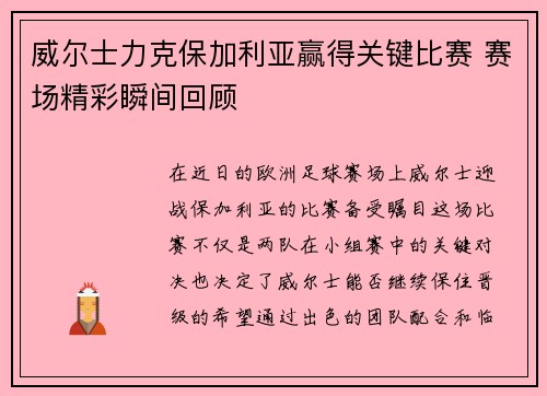威尔士力克保加利亚赢得关键比赛 赛场精彩瞬间回顾