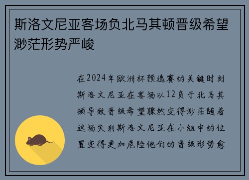 斯洛文尼亚客场负北马其顿晋级希望渺茫形势严峻