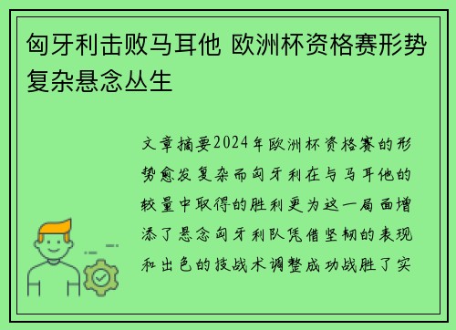 匈牙利击败马耳他 欧洲杯资格赛形势复杂悬念丛生