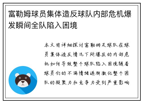 富勒姆球员集体造反球队内部危机爆发瞬间全队陷入困境
