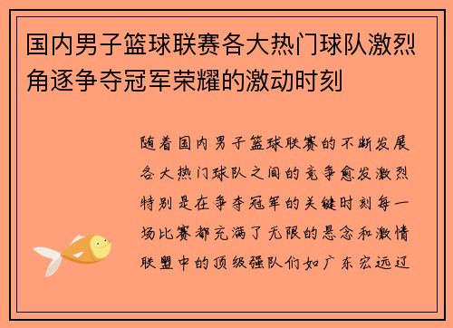 国内男子篮球联赛各大热门球队激烈角逐争夺冠军荣耀的激动时刻
