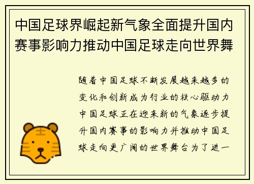 中国足球界崛起新气象全面提升国内赛事影响力推动中国足球走向世界舞台